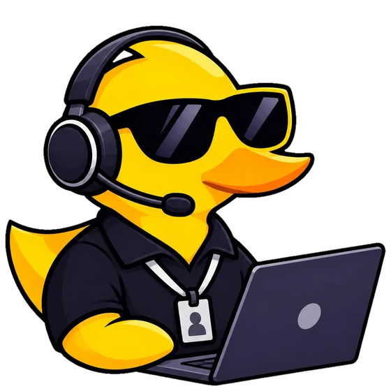 La papera DuckLink del servizio clienti, con cuffie e microfono, al portatile
