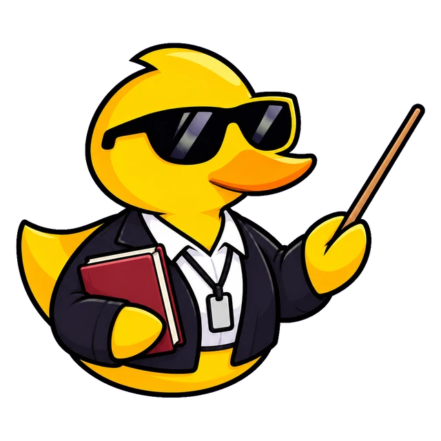 La Papera Maestra di DuckLink, con occhiali da sole, libro e bacchetta