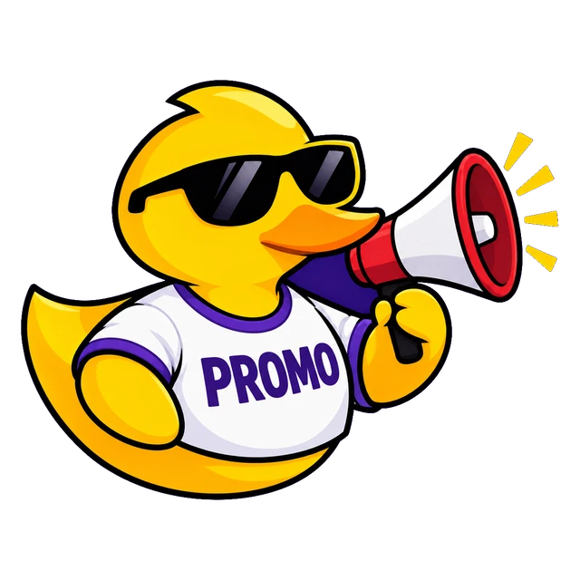 La Papera Promo di DuckLink, con occhiali da sole, maglietta PROMO e megafono