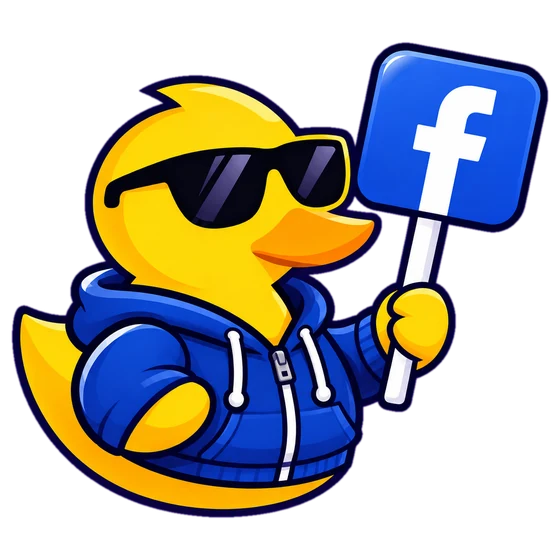 La papera DuckLink con occhiali da sole e felpa blu che regge il cartello di Facebook
