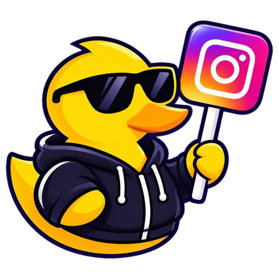 La papera DuckLink con occhiali da sole e felpa nera che regge il cartello di Instagram